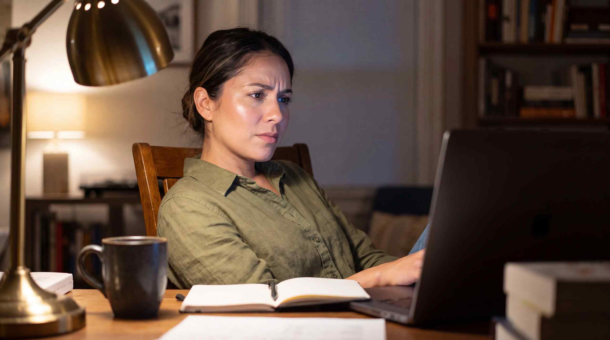 A woman looking frustrated as she looks at her laptop.